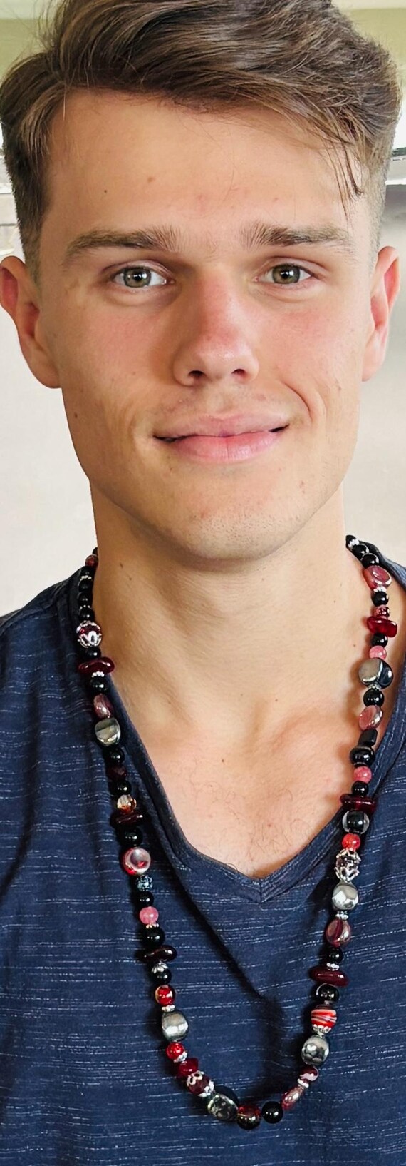 Red Black and Silver Glass Unisex Necklace - 29.5 Inch