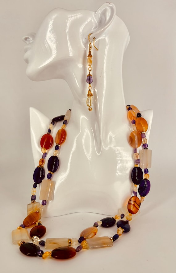 Amethyst Agate Ametrine beaded necklace + matching earrings
