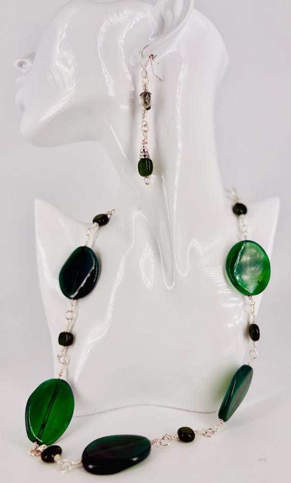 Green Agate beads linked necklace + earrings