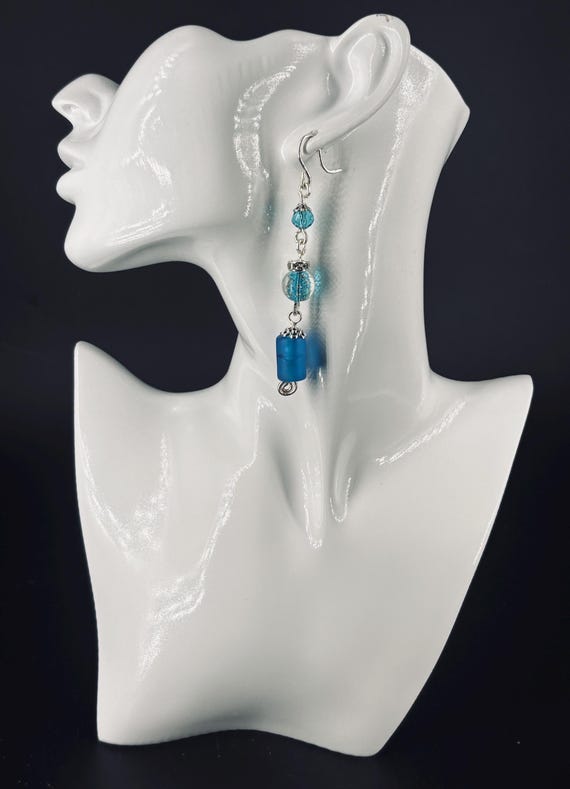 Blue and Silver Czech glass drop earrings