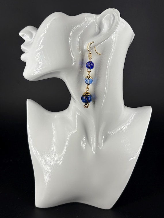 Blue and gold Vintage Czech glass beads glass 3 tier earrings