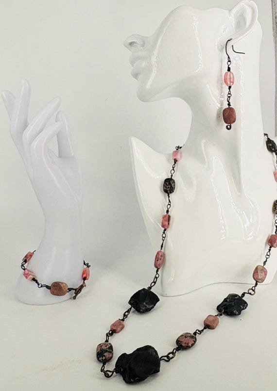 Dusky pink and black Rhodochrosite and Onyx linked necklace, bracelet earrings set