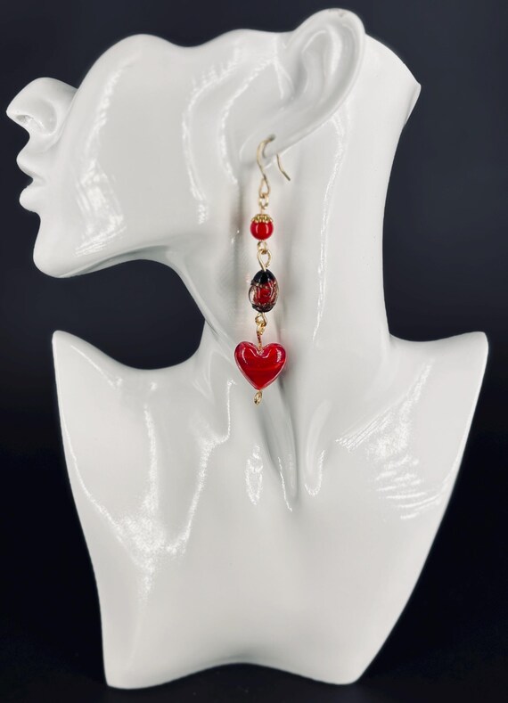 Vintage Czech glass bead red heart earrings