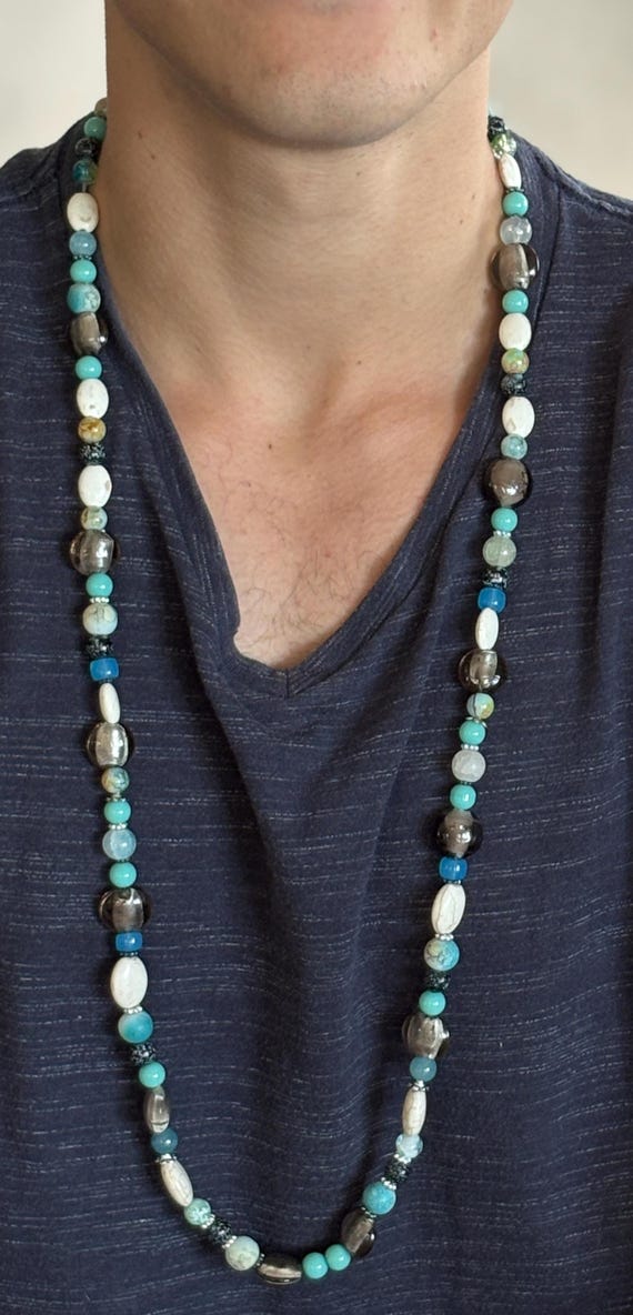 Turquoise grey and silver colour unisex necklace with magnetic clasp