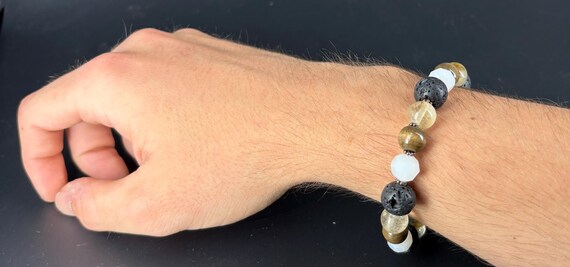 Mens quartz, lava, glass, wood beaded bracelet. Black cream & brown.