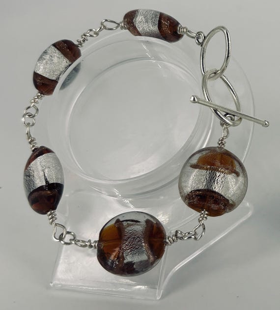 Eye-catching silver and brown, large Czech glass beads bracelet