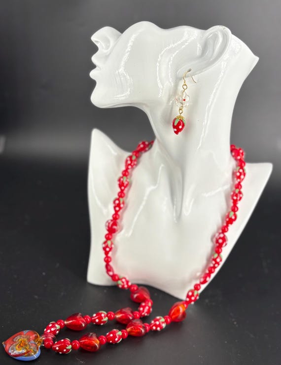 Strawberry Lampwork Glass Necklace and Earrings Set, Red Polka Dot Jewelry