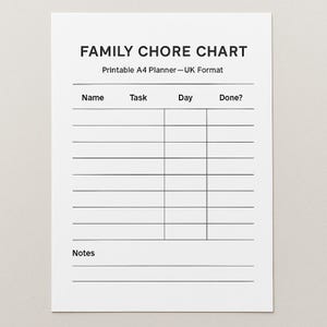 Family Chore Chart | A4 Printable PDF | UK Household Task Schedule for Kids and Adults | Instant Download