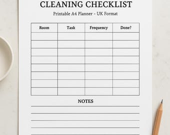 Cleaning Checklist | A4 Printable PDF | UK Home Cleaning Schedule | Room by Room Task Tracker