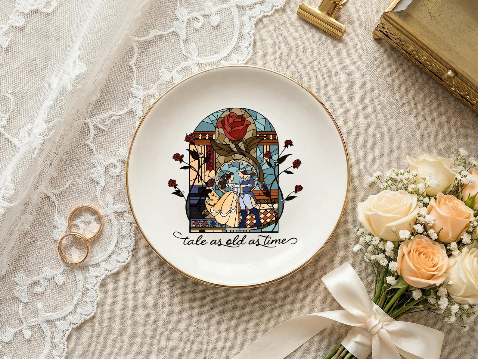 Tale As Old As Time Ring Dish, Retro Beauty and the Beast Trinket Dish, Enchanted Rose Jewelry Holder, Princess Disney Gift - Heart