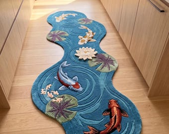 Hand Tufted Wool Rug | Koi Pond Runner Rug | Irregular Shaped Lily Pad & Water Stream Rug | 3D Textured Blue Aquatic Floor Mat