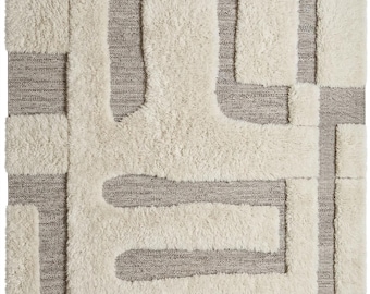Hand Knitted Wool Rug, Abstract Beige Cream Carpet, Textured Modern Decor