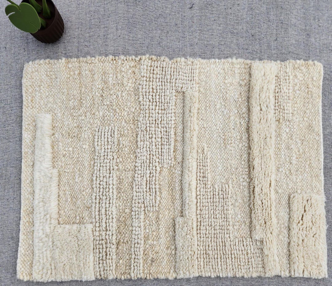 Hand Knitted Wool Rug, Textured Off-white Carpet, Minimalist Living ...