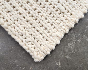 Chunky Wool Rug, Hand-Braided Cream Area Carpet, Textured Modern Home Decor