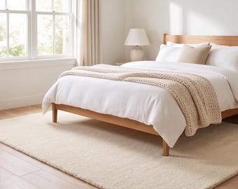 Cream Cozy Plush Pile Hand-Tufted Wool Area Rug | Large Modern Scandinavian Bedroom Carpet