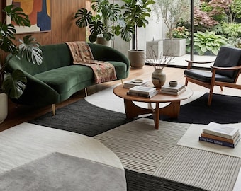 Hand Tufted Wool Rug, Abstract Geometric Monochrome Carpet, Textured Minimalist Living Room Decor
