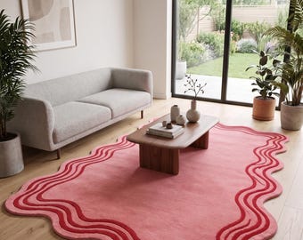 Hand Tufted Wavy Pink Rug, Irregular Scalloped Edge Area Carpet, Retro Squiggle Border Rug, Funky Custom Bedroom Decor
