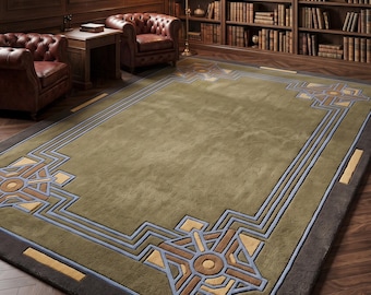 Olive Green Hand Tufted Rug, Art Deco Geometric Area Rug, Luxury Border Carpet, Handmade Wool Rug, Vintage Modern Statement Decor