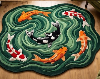 Hand-Tufted Wool Koi Fish Pond Rug | 3D Textured Japanese Water Floor Art