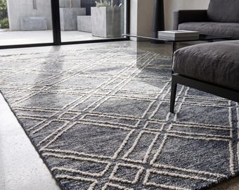 Hand Tufted Wool Rug, Modern Diamond Pattern Area Carpet, Charcoal Cream Floor Mat
