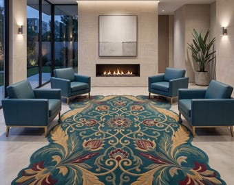 Alfombra botánica moderna con borde festoneado – Alfombra de área con forma, tejida a mano en color verde azulado y dorado.