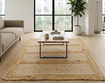 Handgevlochten jute vloerkleed: crème en beige natuurlijke vezels, rustieke bohostijl