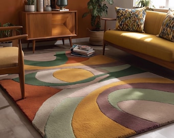 Hand Tufted Wool Rug | Mid Century Modern Geometric Circles | Retro Abstract, Mustard, Rust, Green