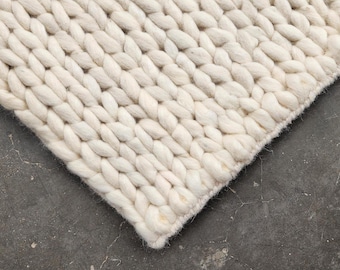 Chunky Wool Rug, Hand-Braided Cream Area Carpet, Thick Textured Modern Decor
