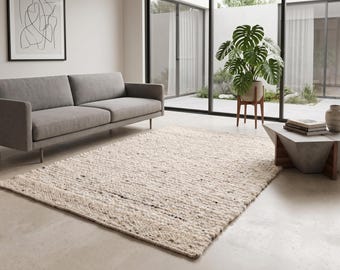 Handwoven Cream Wool Dhurrie Rug | Textured Flatweave, Organic Minimalist Wabi Sabi Decor