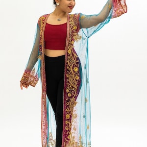 Handmade Sheer Kimono with Embroidery | Boho Festival Outfit | Bollywood Style Jacket | Sequin Beaded Longline Cardigan
