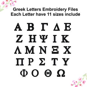 May include: Black Greek alphabet letters in a bold, sans-serif font are displayed on a white background. The text "Greek Letters Embroidery Files" and "Each Letter have 11 sizes include" is above the letters. The letters are arranged in rows.