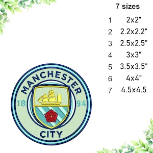 May include: Embroidered patch featuring the Manchester City Football Club logo. The circular design includes the team name, a ship, and a red rose. Available in seven sizes, ranging from 2x2 inches to 4.5x4.5 inches.