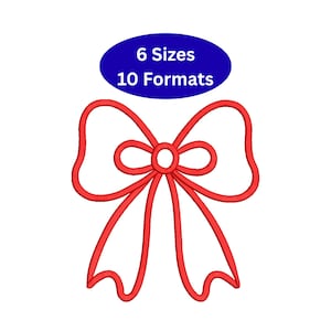 Può includere: Un design a fiocco rosso con una forma arrotondata, con un nodo centrale e anelli fluenti. L'immagine include il testo "6 Misure 10 Formati" in un ovale blu, suggerendo varie opzioni di dimensioni.