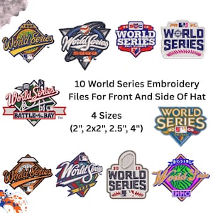 以下が含まれることがあります： さまざまなデザインの10個のワールドシリーズ刺繍ファイル。画像には、「ワールドシリーズ」や「バトル・オブ・ザ・ベイ」などのテキストを含むロゴが含まれています。ファイルは、5 cm、5 cm、6.35 cm、10 cmの4つのサイズで利用できます。