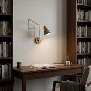 Modern Brass Swing Arm Wall Sconce | Adjustable Cone Shade Task Lamp