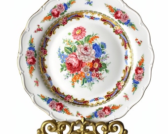 Vintage Limoges France Charger Plate – Hand Painted Floral Bouquet – Depos Italy – 24K Gold 12”
