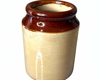 Vintage Two-Tone Stoneware Crock – Rustic English-Style Pantry Jar – Farmhouse Kitchen Utensil Holder / Rustic Home Decor
