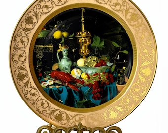 Vintage AK Kaiser Porcelain Plate – Still Life on Blue Cloth – 24K Gold Rim – West Germany 12.5”