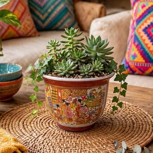 May include: A ceramic planter with a red rim and a colourful, detailed illustration of figures in traditional attire. The planter is filled with a variety of green succulents and trailing ivy vines, creating a lush arrangement of plants.