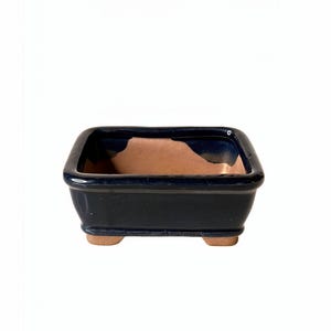 May include: A rectangular bonsai pot with a dark blue glazed exterior and a natural terracotta interior. The pot has a low profile and is supported by small, rounded feet. Suitable for small plants.