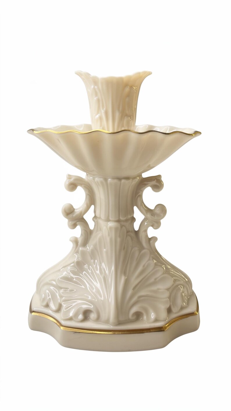 May include: A cream-colored porcelain candlestick holder featuring a central candle socket, a wide scalloped bobeche, and a decorative base with ornate leaf-like relief carvings. The edges of the bobeche and the base are trimmed with gold.