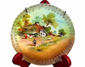 Antique Hand-Painted Porcelain Cabinet Plate 7" – Pastoral Cottage Scene with Gold Gilt Filigree Rim – Victorian Wall Decor