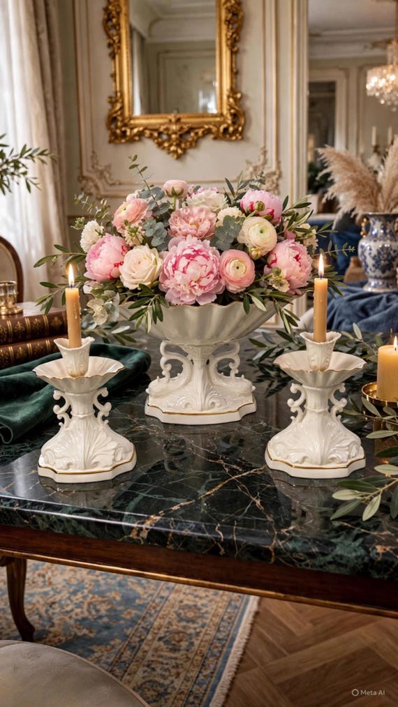 Vintage Lenox Dolphin Console Pieces | Ivory Porcelain, 24K Gold Trim, Centerpiece Bowl, Candlesticks