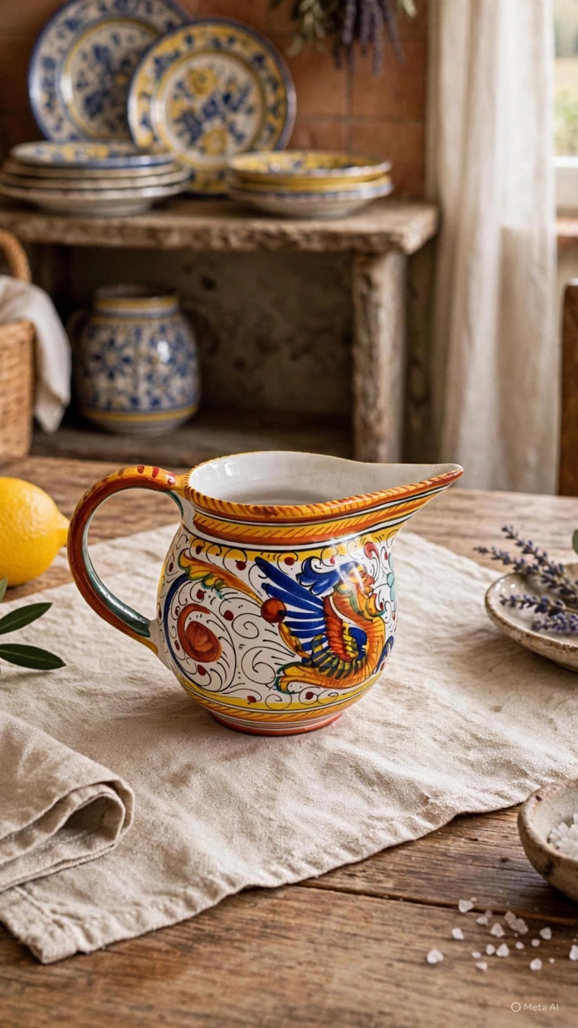 Vintage Deruta Majolica Pitcher, Hand Painted Italian Dragon