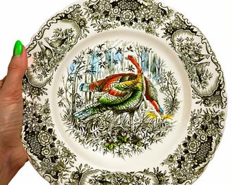 Platos llanos vintage Johnson Brothers Woodland Turkey – Se venden por separado. Vajilla con decoración multicolor verde – Diseño raro descatalogado.