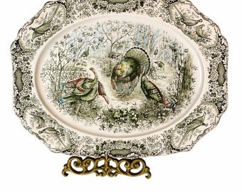 Vintage Johnson Brothers Wild Turkeys Platter – Windsor Ware Green Transferware – 20” Extra Large  – Made in England- Local pick up only
