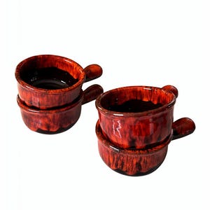 Vintage Evangeline Pottery French Onion Soup Bowls – Set of 4 – Red Drip Glaze Canada 941