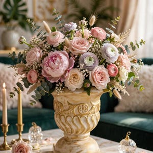 May include: A floral arrangement featuring pink and lavender roses, peonies, and ranunculus in a cream-coloured, weathered stone-style urn with carved scrollwork details. The bouquet includes sprigs of eucalyptus and dried grasses.