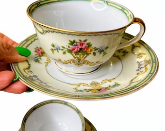 Juego de taza y platillo Noritake “Smartnis” vintage – Circa 1931, Japón de preguerra – Taza de té de porcelana fina con diseño floral y detalles dorados.
