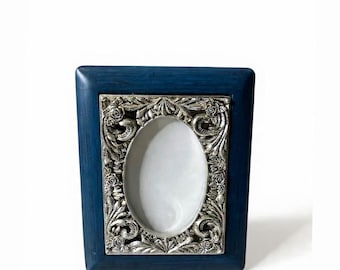 Pewter Ornate Vintage Picture Frame • Dark Blue Wood • Antique Victorian Style • Gallery Wall Decor